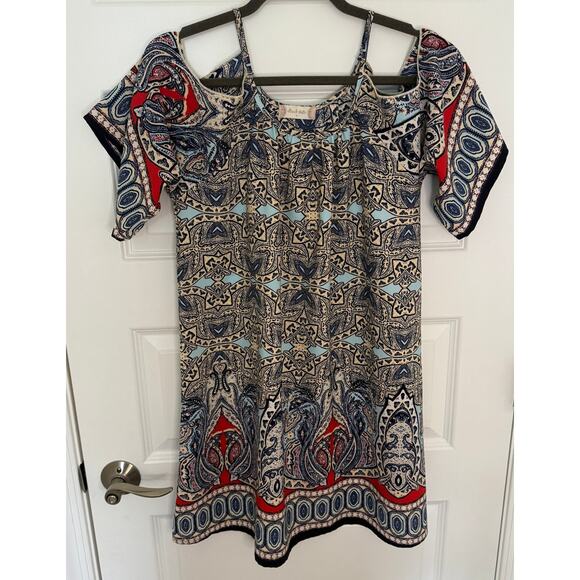 Alter’d State Cold Shoulder Boho Mini Dress S Blue Red Paisley Print - Picture 1 of 5